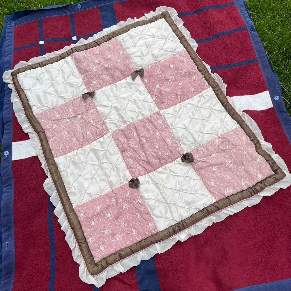 Cocalo baby comforter blanket floral bows reversible pink brown cream frilly